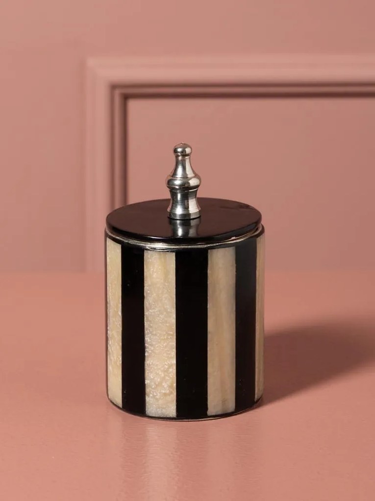 Set 2 cutii decorative din metal și rășină, dungi negre și natur, capac negru cu buton argintiu, finisaj lucios, 20 x 12,5 cm, „Élégance”