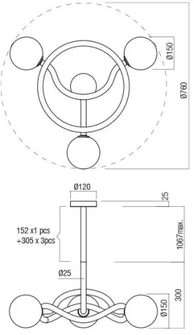 Redo 01-3256 - Lustru cu tijă CONFUSIO, 3 x E14, 28 W, 230 V, Ø 76 cm, auriu