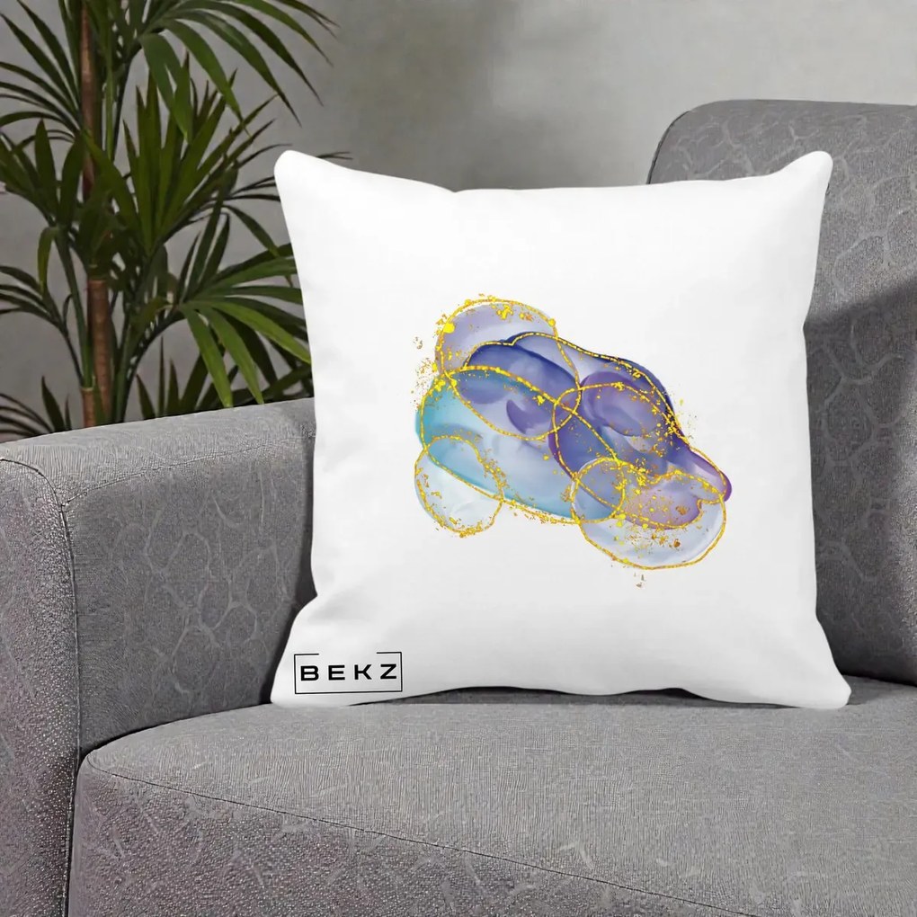 Perna Decorativa Abstract Acuarela Albastru-Mov cu Cercuri Aurii, 40x40 cm, Alba Mata, Husa Detasabila, Perna Inclusa, BEKZ®
