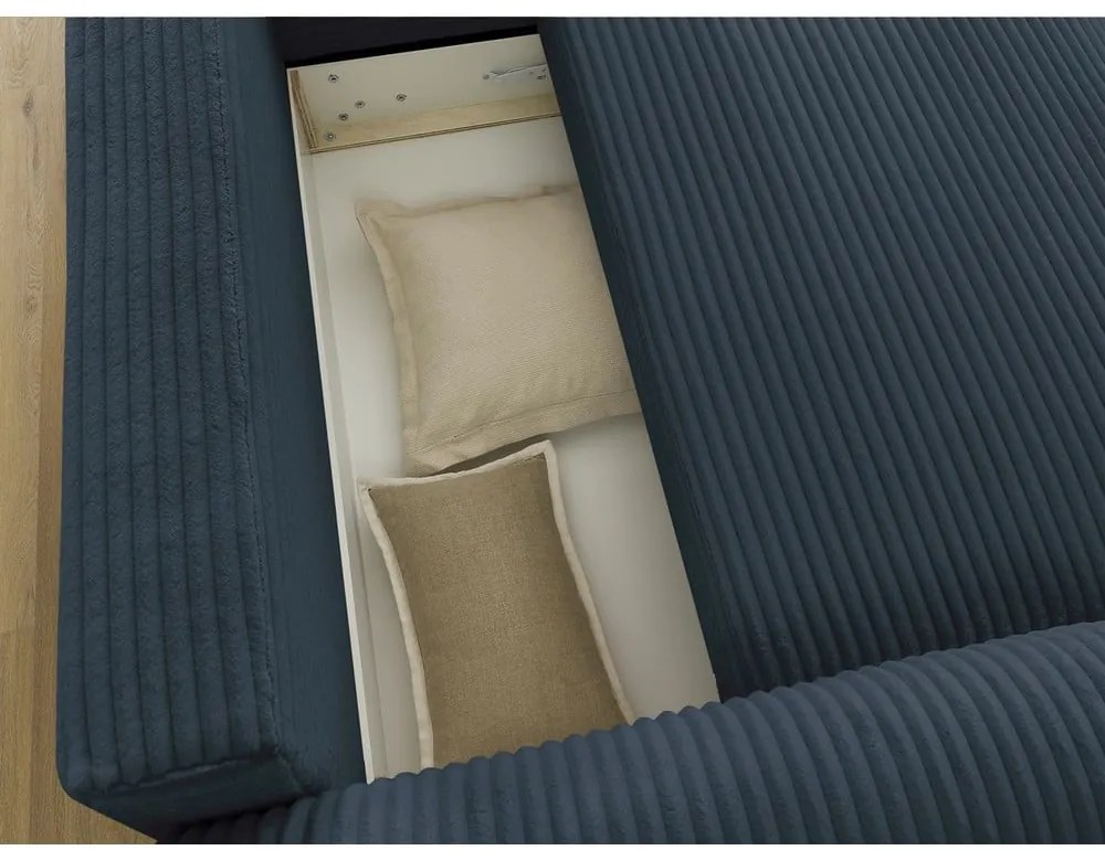 Colțar albastru închis extensibil cu tapițerie din catifea reiată (cu colț pe partea dreaptă) Lucien – Bobochic Paris