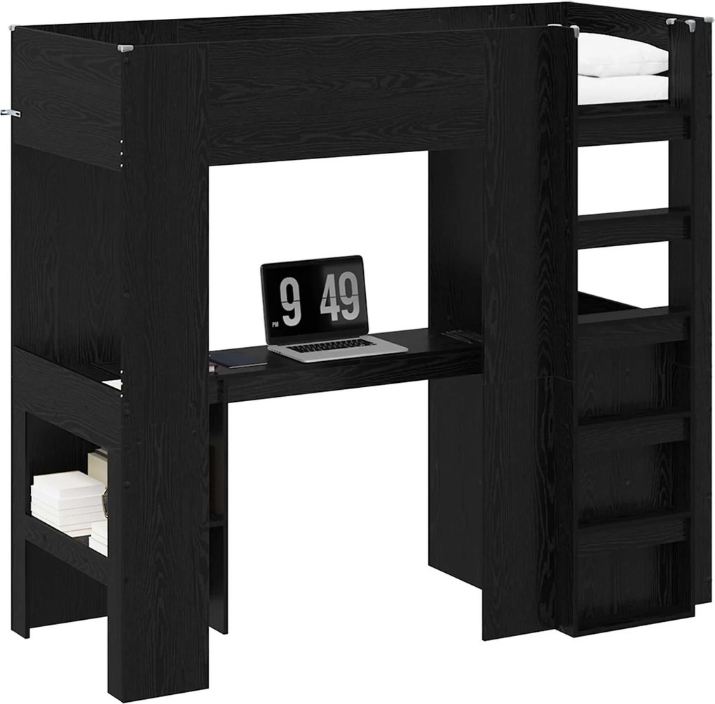 vidaXL Cadru de pat supraetajat cu birou Stejar Negru 75 x 190 cm