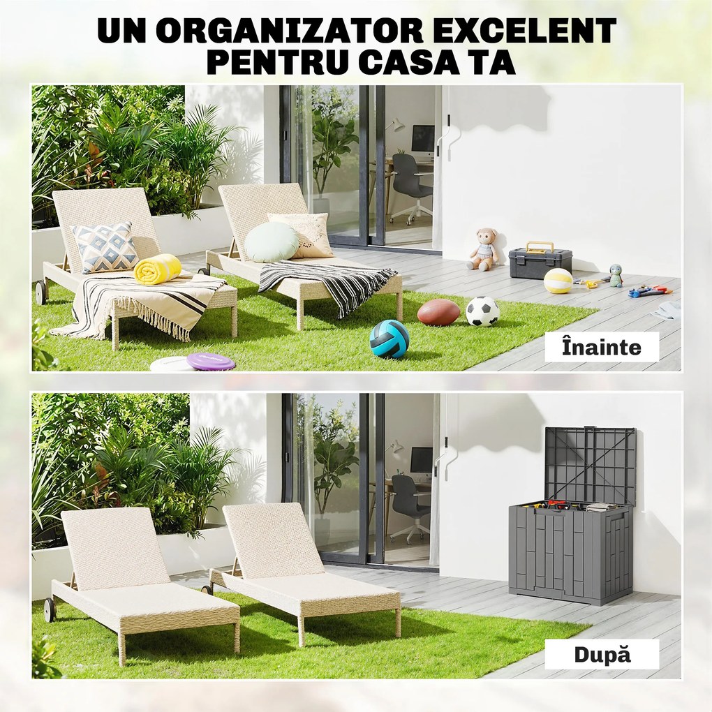 Outsunny Ladă de Grădină 114L din Rășină Impermeabilă și Anti-UV cu Închidere cu Cheie, 56x44x54 cm, Gri | Aosom Romania