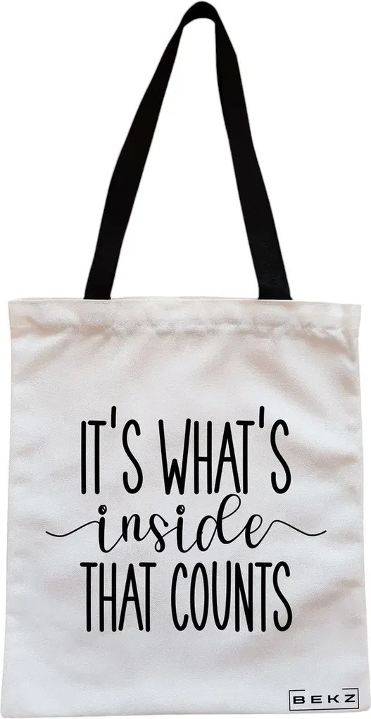 Sacosa de Panza pentru Cumparaturi, Geanta Tote, model It's what's inside that counts, Cu fermoar, 38x34.5 cm, Alba, BEKZ®