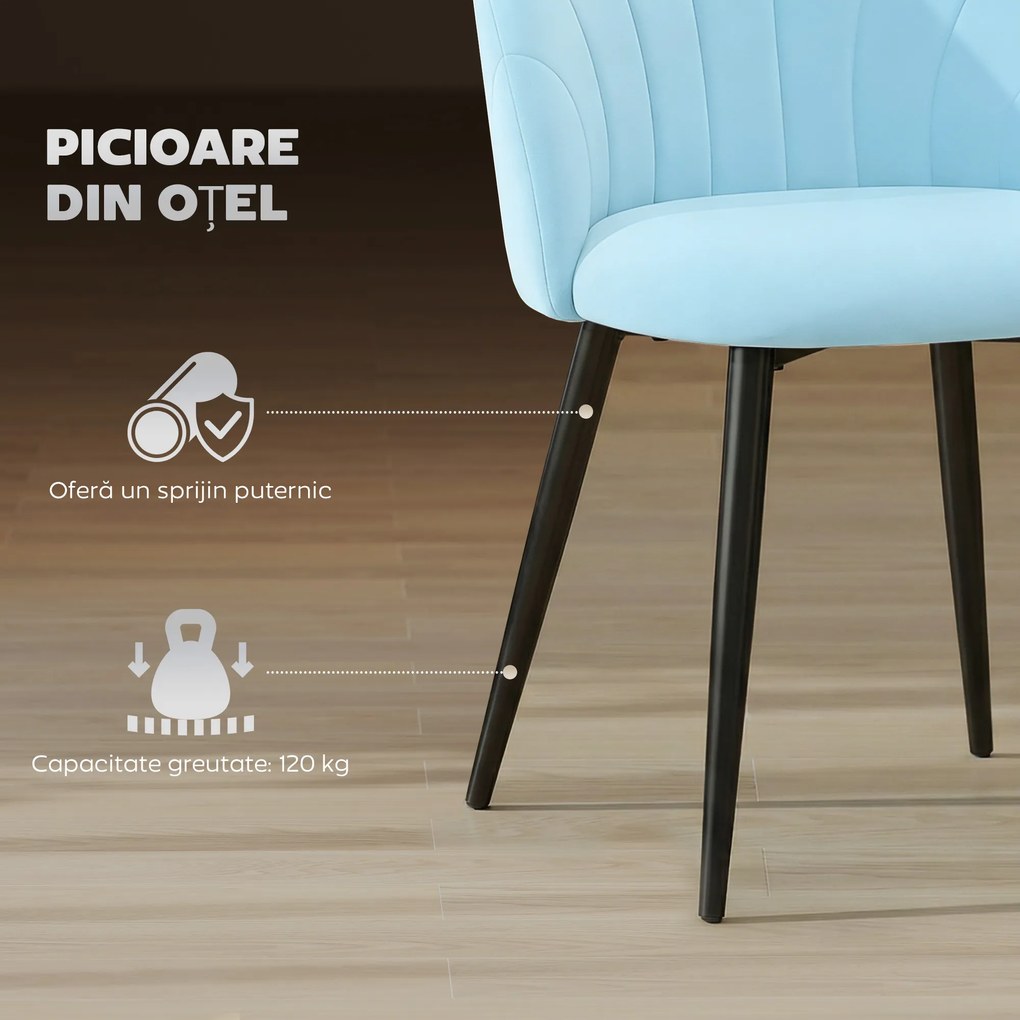 HOMCOM Set de 2 Scaune de Sufragerie din Catifea, Scaune Bucătărie cu Spătar Curbat în Formă de Scoică, Picioare din Oțel, Stil Nordic, Scaun Tapițat pentru Bucătărie, Dormitor, Living, Albastru Deschis | Aosom Romania