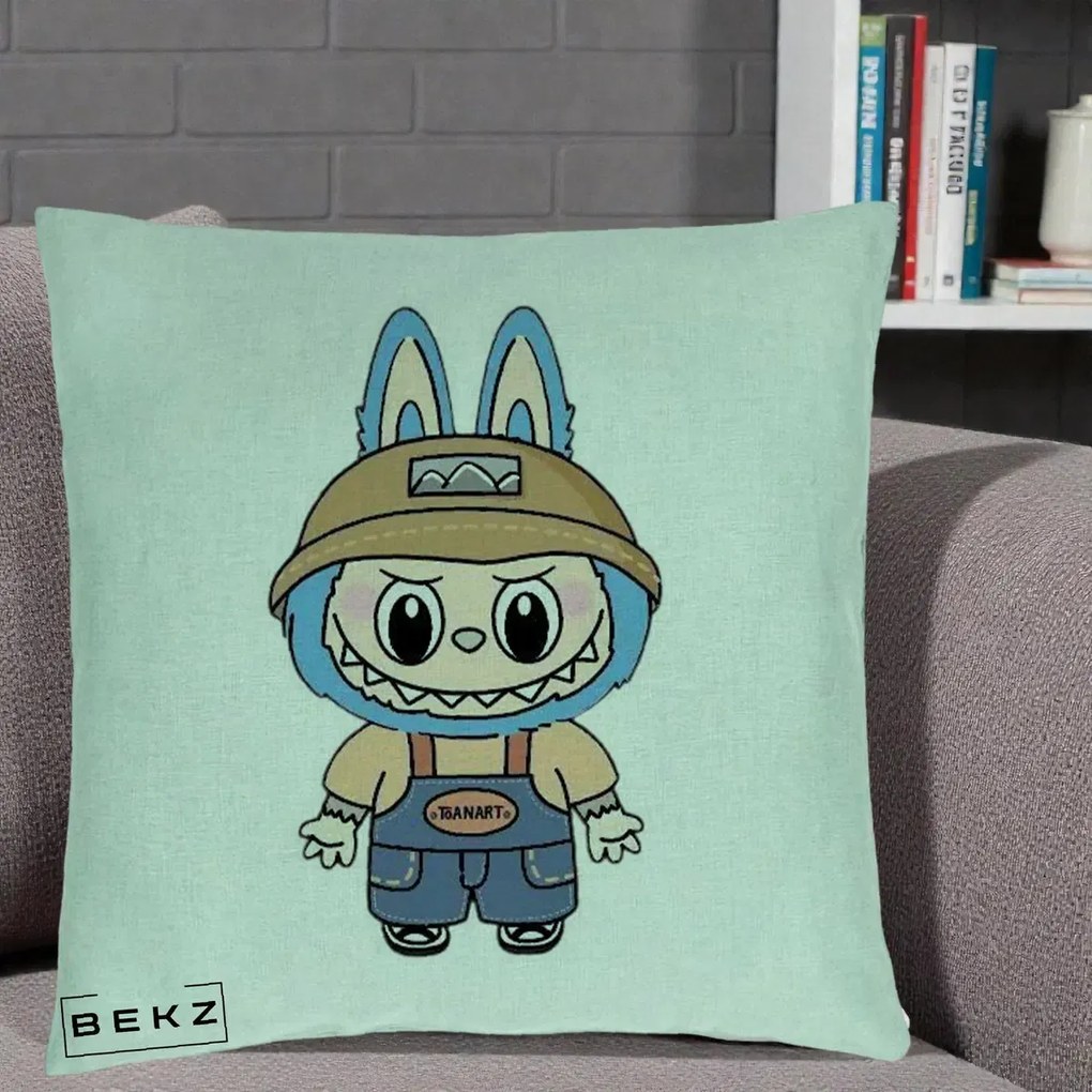 Perna Personalizata Labubu Toanart Blugi, 40x40 cm, Verde Menta, Husa Detasabila, Perna Inclusa, BEKZ®