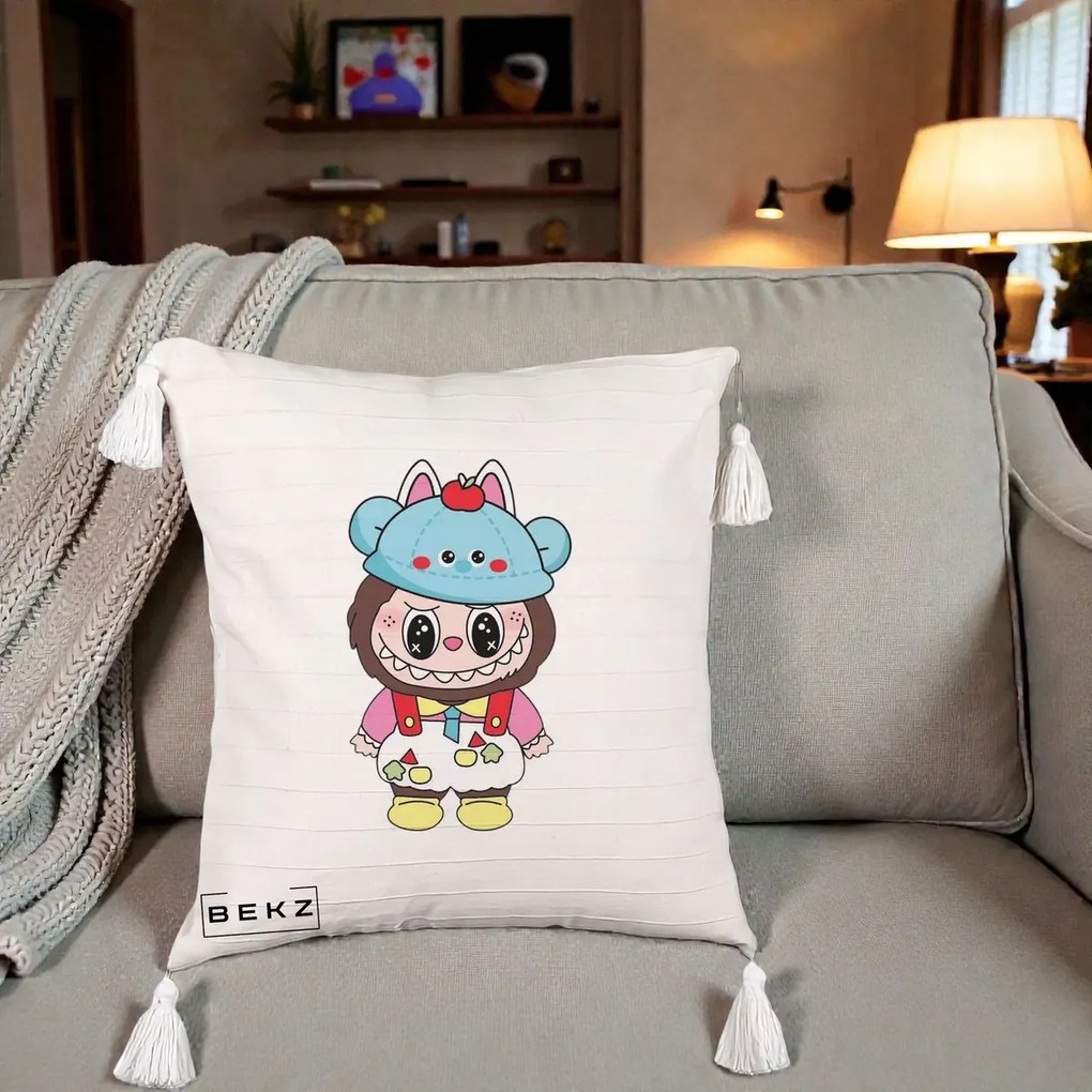 Perna Personalizata Labubu x Urs Albastru Colorat, 40x40 cm, Bej cu Franjuri, Husa Detasabila, Perna Inclusa, BEKZ®