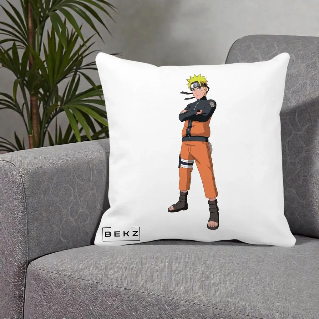Perna Personalizata Naruto Uzumaki Portret Complet, 40x40 cm, Alba Mata, Husa Detasabila, Perna Inclusa, BEKZ®