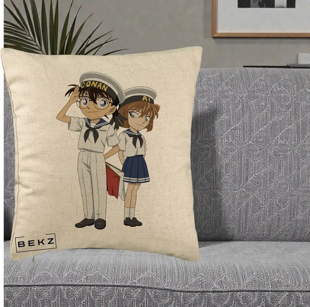 Perna Personalizata Detective Conan Conan si Ai Sailor, 40x40 cm, Bej, Husa Detasabila, Perna Inclusa, BEKZ®