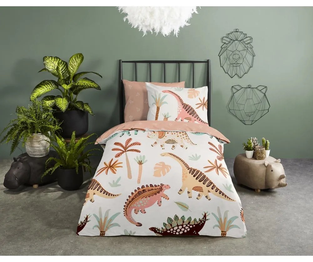Lenjerie de pat pentru copii maro-bej din bumbac pentru pătuț 100x135 cm Dino – Good Morning