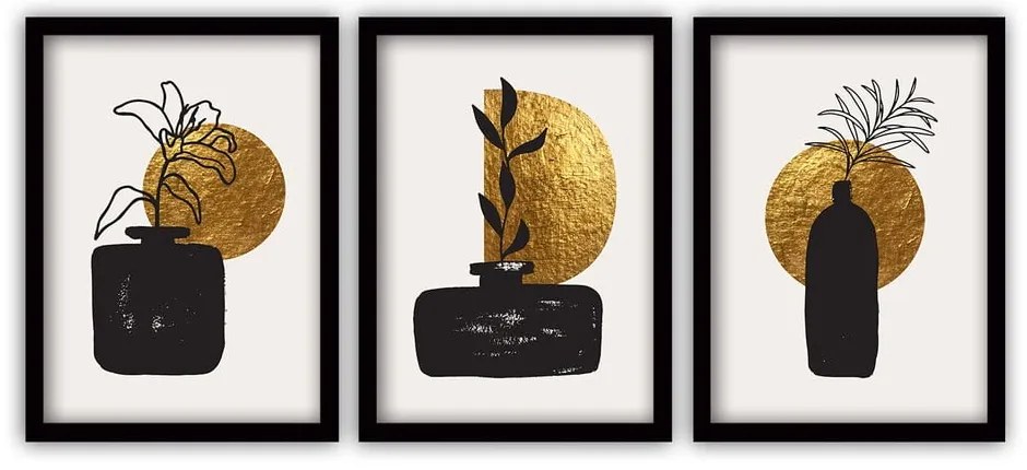 Set 3 tablouri cu ramă neagră Vavien Artwork Gilded, 35 x 45 cm