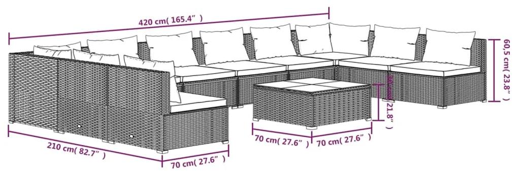 Set mobilier de gradina cu perne, 11 piese, gri, poliratan gri si bleumarin, 4x colt + 6x mijloc + masa, 1