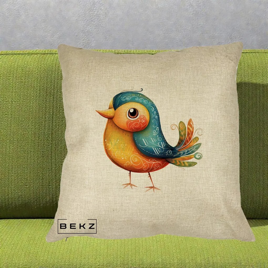 Perna Decorativa Pasare Folk Art Portocalie-Teal, 40x40 cm, Crem, Husa Detasabila, Perna Inclusa, BEKZ®