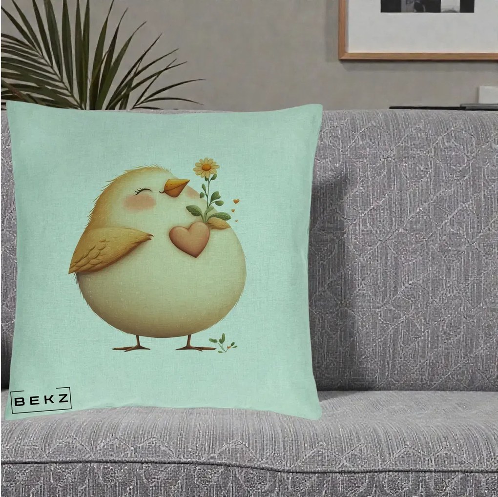 Perna Decorativa Pui cu Inima si Floarea-Soarelui, 40x40 cm, Verde Menta, Husa Detasabila, Perna Inclusa, BEKZ®