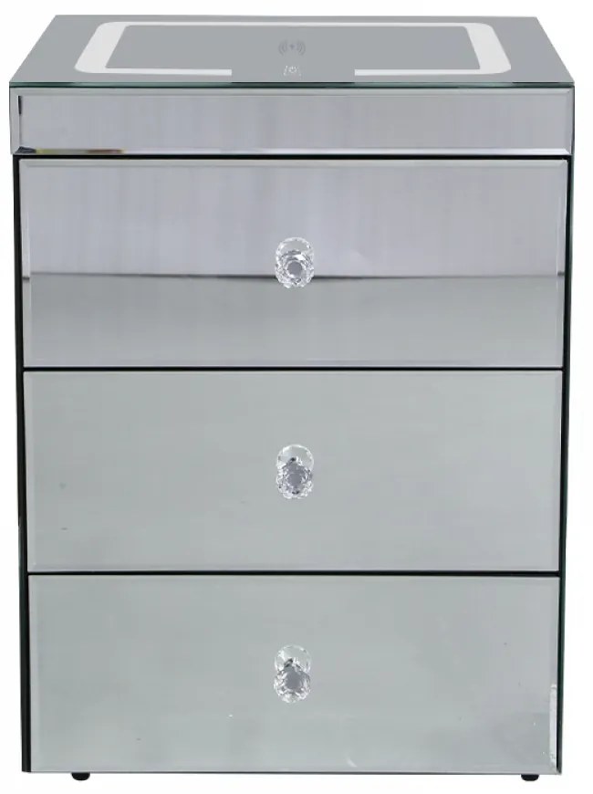 Noptieră inteligentă multifuncțională, din sticla tip oglindă, 3 sertare, LED-uri tactile, 3 tipuri de culoare, încărcare fără fir si USB, Difuzor Bluetooth, sticla securizata, 40x40x60 cm