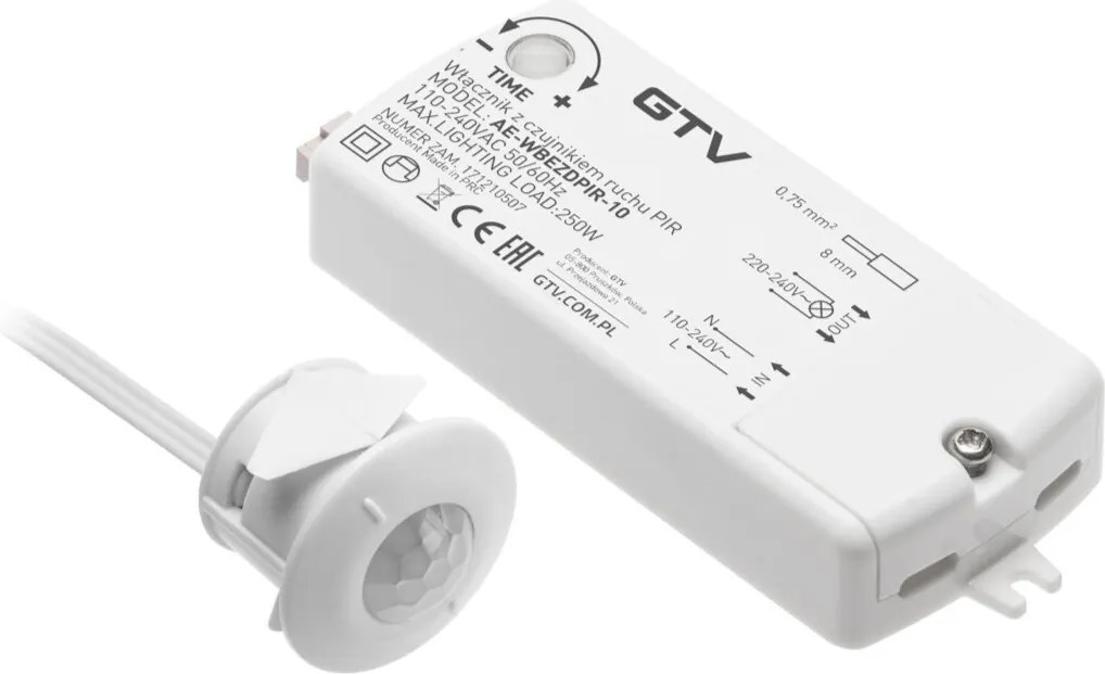Întrerupător cu senzor de mișcare PIR GTV pentru iluminat LED, 250W, 100-240V AC, IP20, alb, cablu 2 m 250 W, 240 V, 2 m, Alb