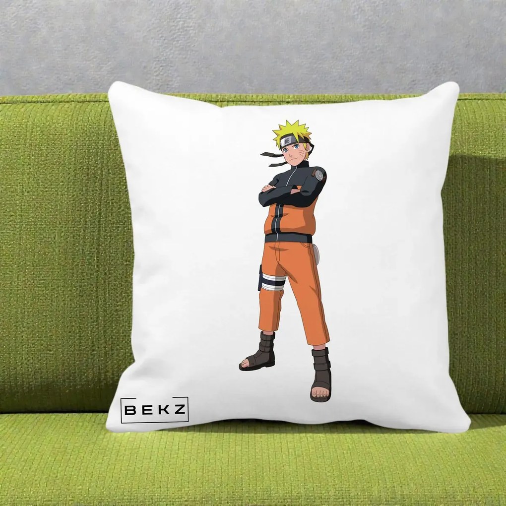 Perna Personalizata Naruto Uzumaki Portret Complet, 40x40 cm, Alba Mata, Husa Detasabila, Perna Inclusa, BEKZ®
