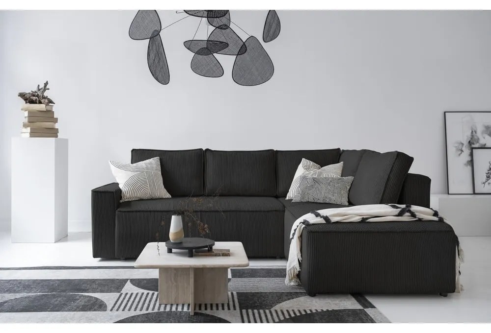 Colțar gri antracit extensibil cu tapițerie din catifea reiată (cu colț pe partea dreaptă) Brave Dave – Miuform