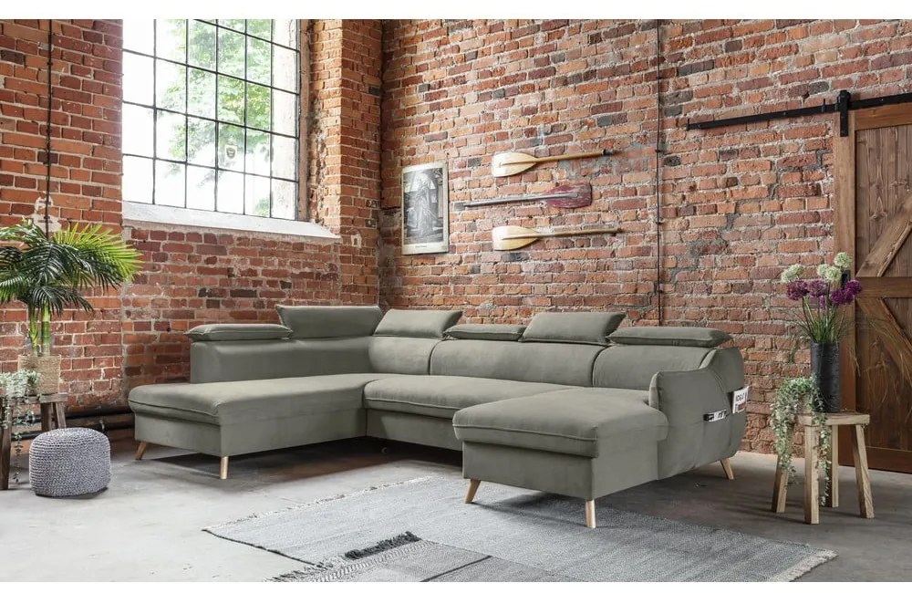 Colțar gri deschis extensibil cu tapițerie din catifea (cu colț pe partea stângă /în formă de "U") Sweet Harmony – Miuform