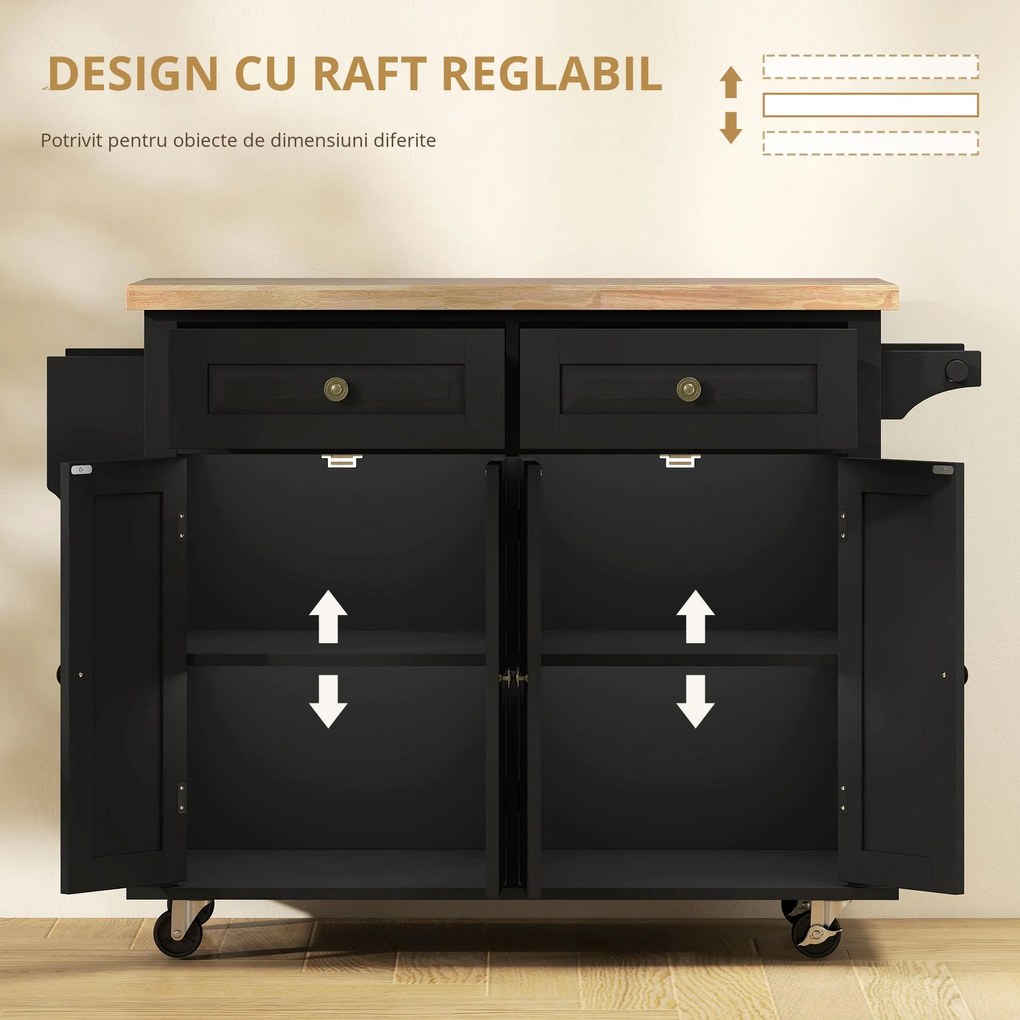 HOMCOM Insula de bucatarie pe roti, carucior rulant cu blat din lemn de cauciuc, suport pentru condimente | Aosom Romania