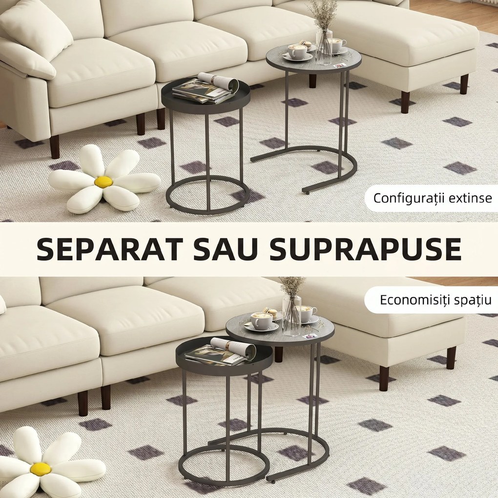 HOMCOM Set de 2 Măsuțe de Cafea în Stil Industrial, din Lemn și Metal, Ø42x54 cm și Ø36.5x48.5 cm, Gri și Negru | Aosom Romania