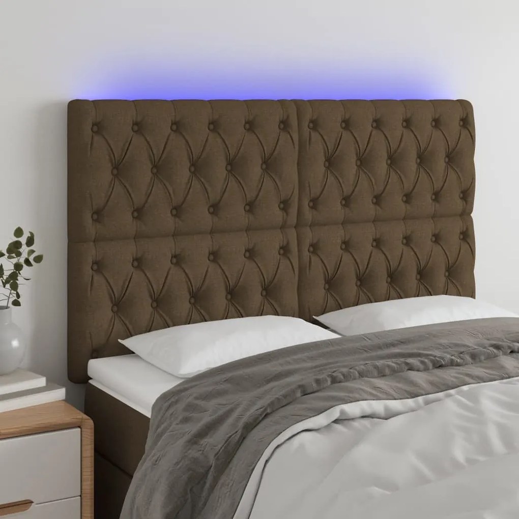 vidaXL Tăblie de pat cu LED, maro închis, 144x7x118/128 cm, textil
