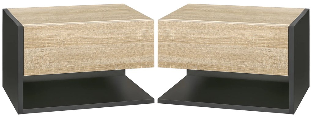 HOMCOM Set de 2 Noptiere suspendate - Set de 2 Noptiere - sertar Culisant, etajera, Bicolore Aspect stejar Negru | Aosom Romania