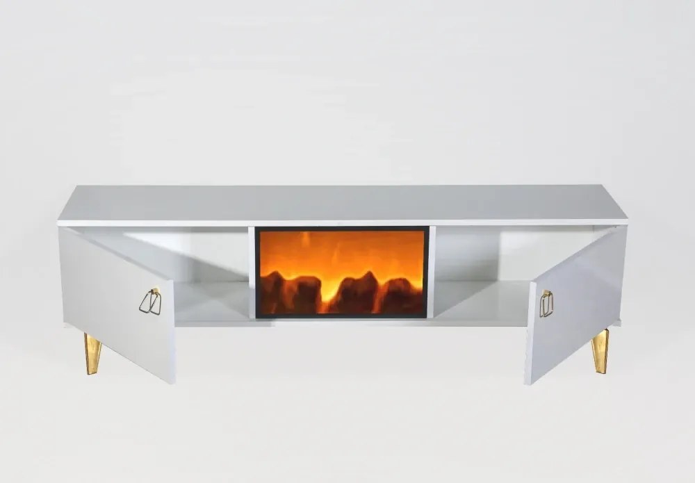 RESIGILAT- Comoda TV cu șemineu electric, Alb/Auriu, 160x35x47 cm