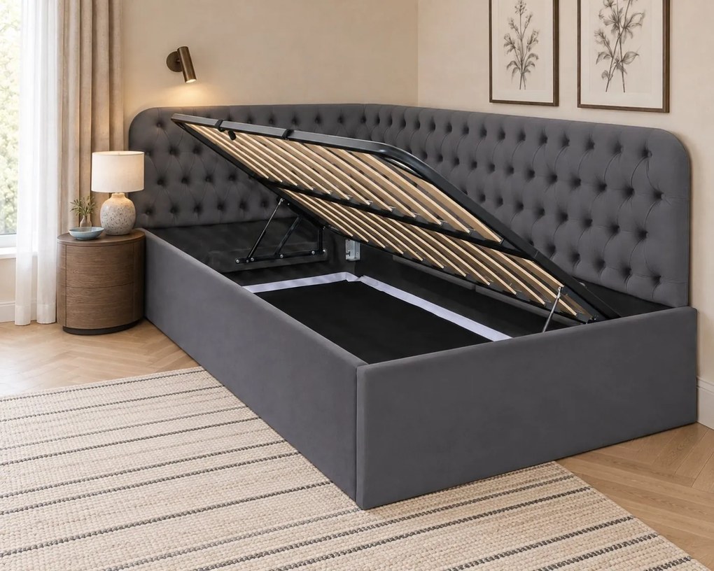 Pat tapițat pentru copii din catifea Elyra 140×200 cm, gri închis, colț dreapta, cu ladă de depozitare