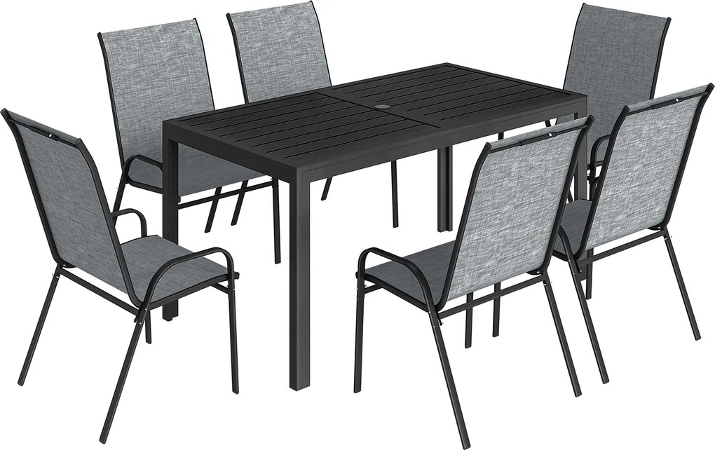 Outsunny Set Masă și Scaune Grădină cu Masă Metalică cu Orificiu și 6 Scaune Stivuite Respirabile pentru Terasă Gri | Aosom Romania