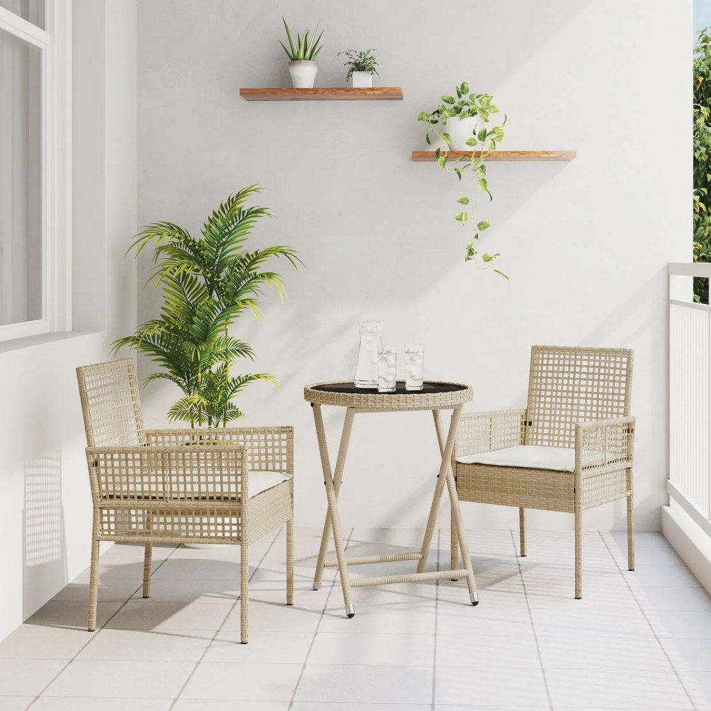 vidaXL Set bistro de grădină, 3 piese, cu perne, bej, poliratan