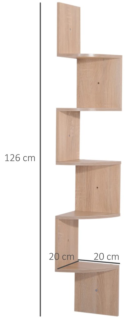 HOMCOM Raft de colț de perete pentru depozitare formă zigzag 20L x 20l x 126H cm 5 niveluri stejar deschis | Aosom Romania