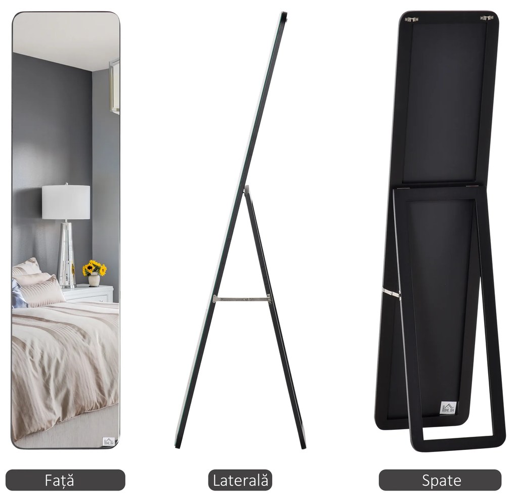 HOMCOM Oglindă de Podea sau Perete cu Cadru din Lemn, Oglindă cu Suport, Pliabil cu Balama, 37x43x156 cm, Nuc | Aosom Romania