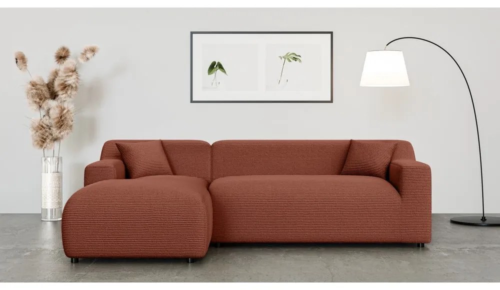 Colțar cărămiziu cu tapițerie din catifea reiată (cu colț pe partea stângă, cu șezlong) Martin – Ropez