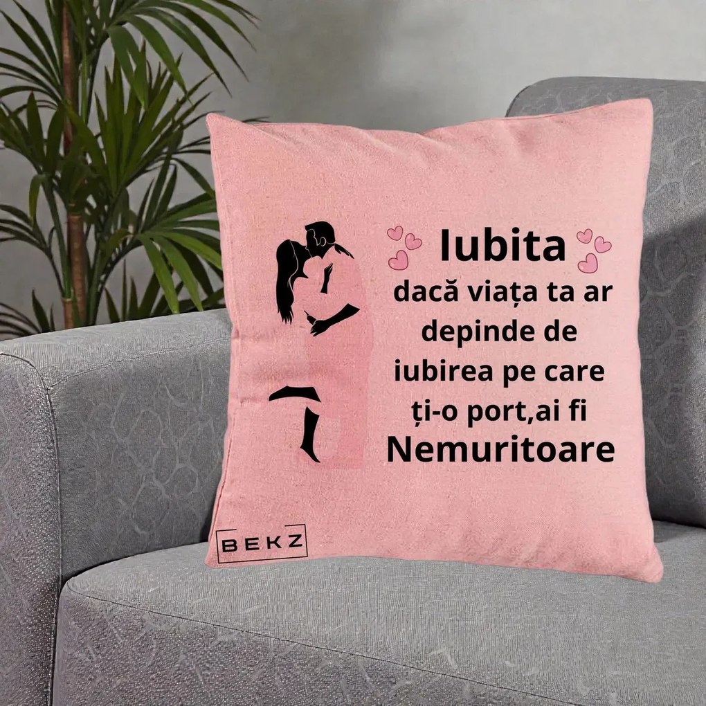 Cadou pentru Iubita - Perna Personalizata Iubita Nemuritoare cu Siluete de Cuplu, 40x40 cm, Roz, Husa Detasabila, Perna Inclusa, BEKZ®
