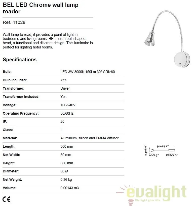 Aplica cu reader LED stil modern minimalist BEL crom 41028