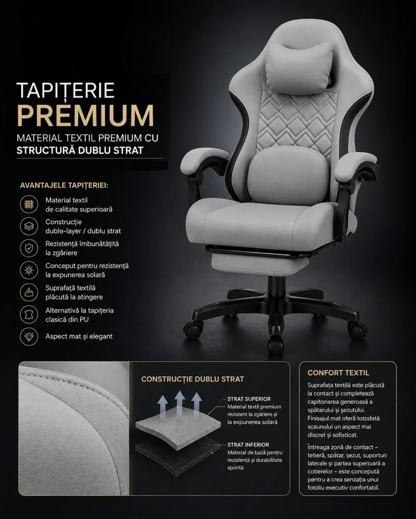 VELTOR – Scaun Gaming cu Masaj în 8 Puncte, Tapițerie Premium Dublu Strat Anti-Zgâriere, Mecanism Multifuncțional, Suport Picioare, Gri