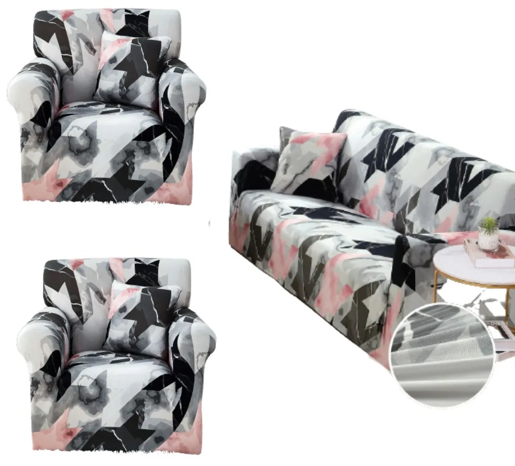 Set huse elastice, canapea 3 locuri + 2 fotolii, cu brate, gri / negru, SHEJ-36