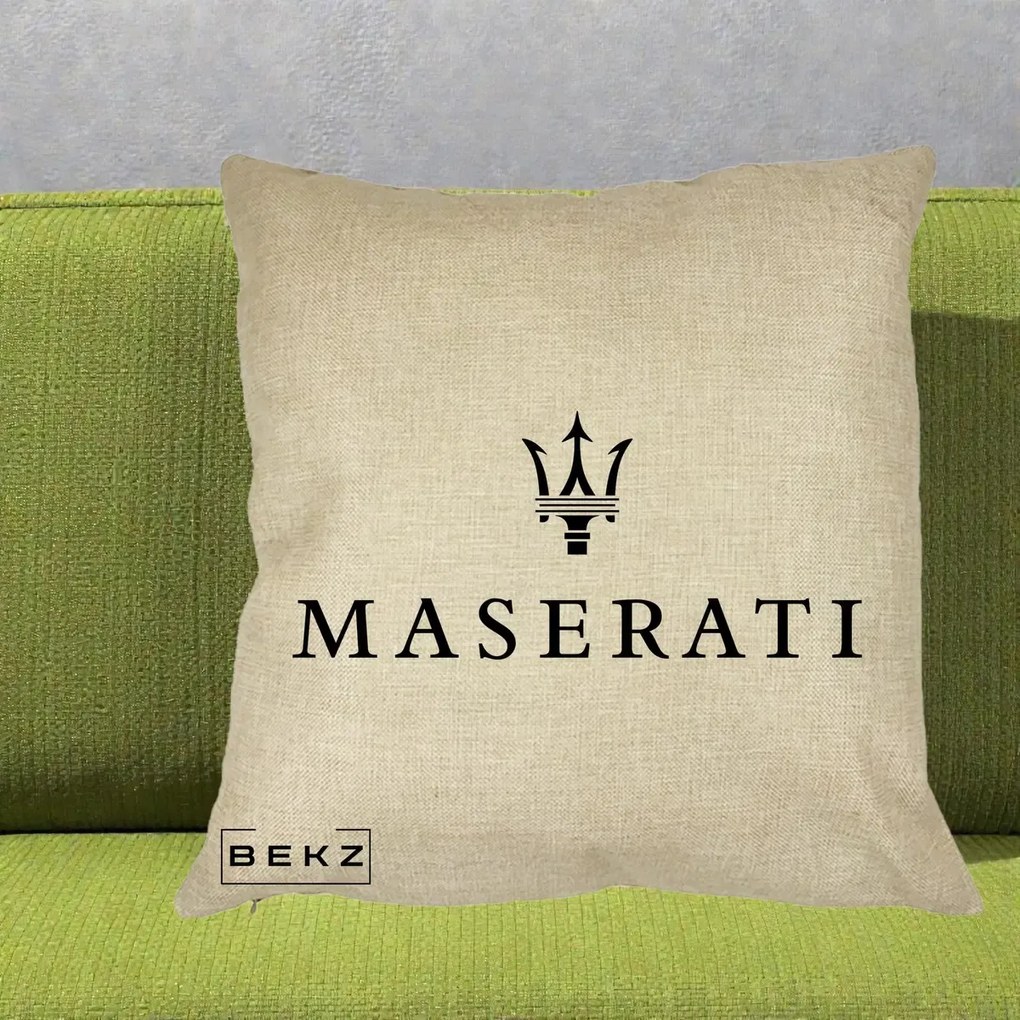 Perna Personalizata cu emblema Maserati, 40x40 cm, Crem, Husa Detasabila, Perna Inclusa, BEKZ®