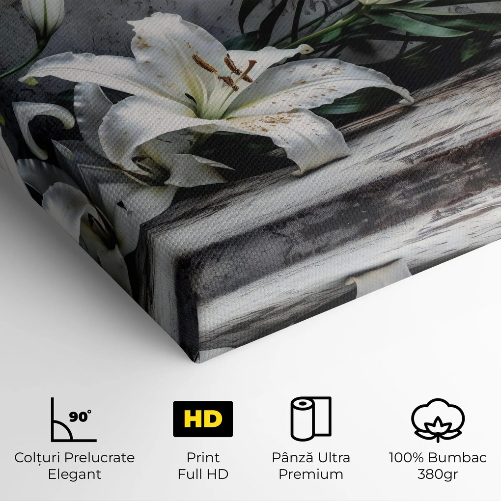 Tablou Canvas, 40x60cm, Dormitor si Living, Flori, Crini, White Pretty Lily On Grey