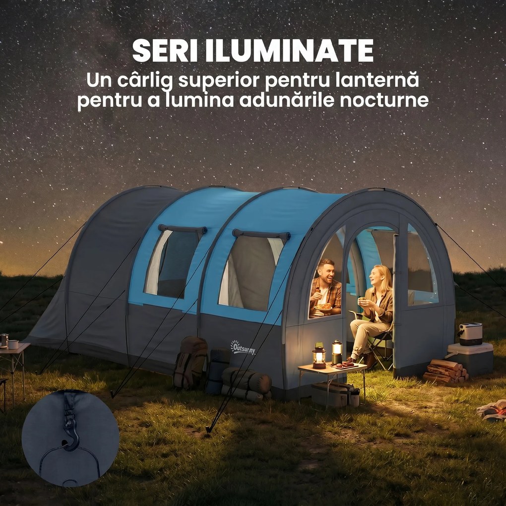 Outsunny Cort de Camping Impermeabil, Cort cu 5 Locuri, Zonă Separată de Dormit și Living, 480x260x200 cm, Gri și Albastru | Aosom Romania