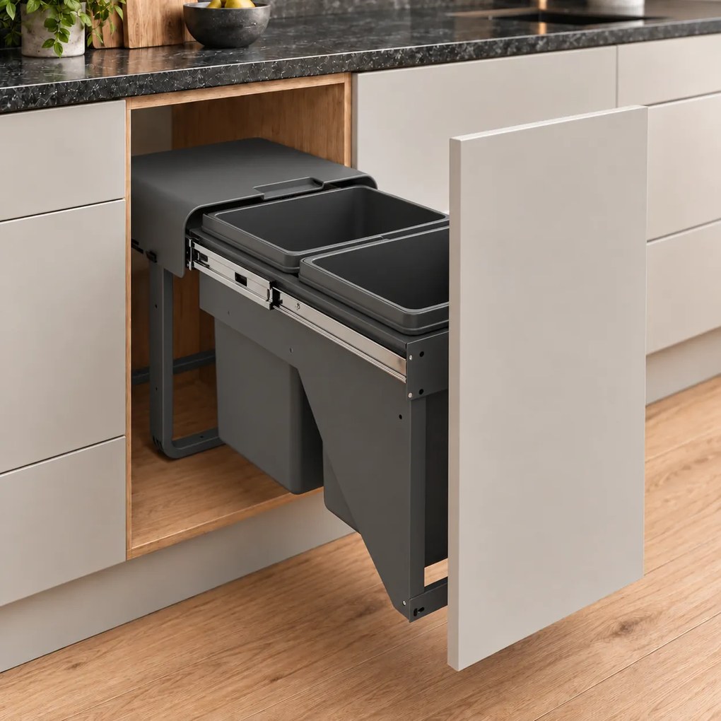 Cos gunoi incorporabil Ekko Front 40 Ecomax, cu extragere automata, colectare selectiva, gri antracit, 2 x 15 l Polipropilena, L:355 mm; A:465 mm;