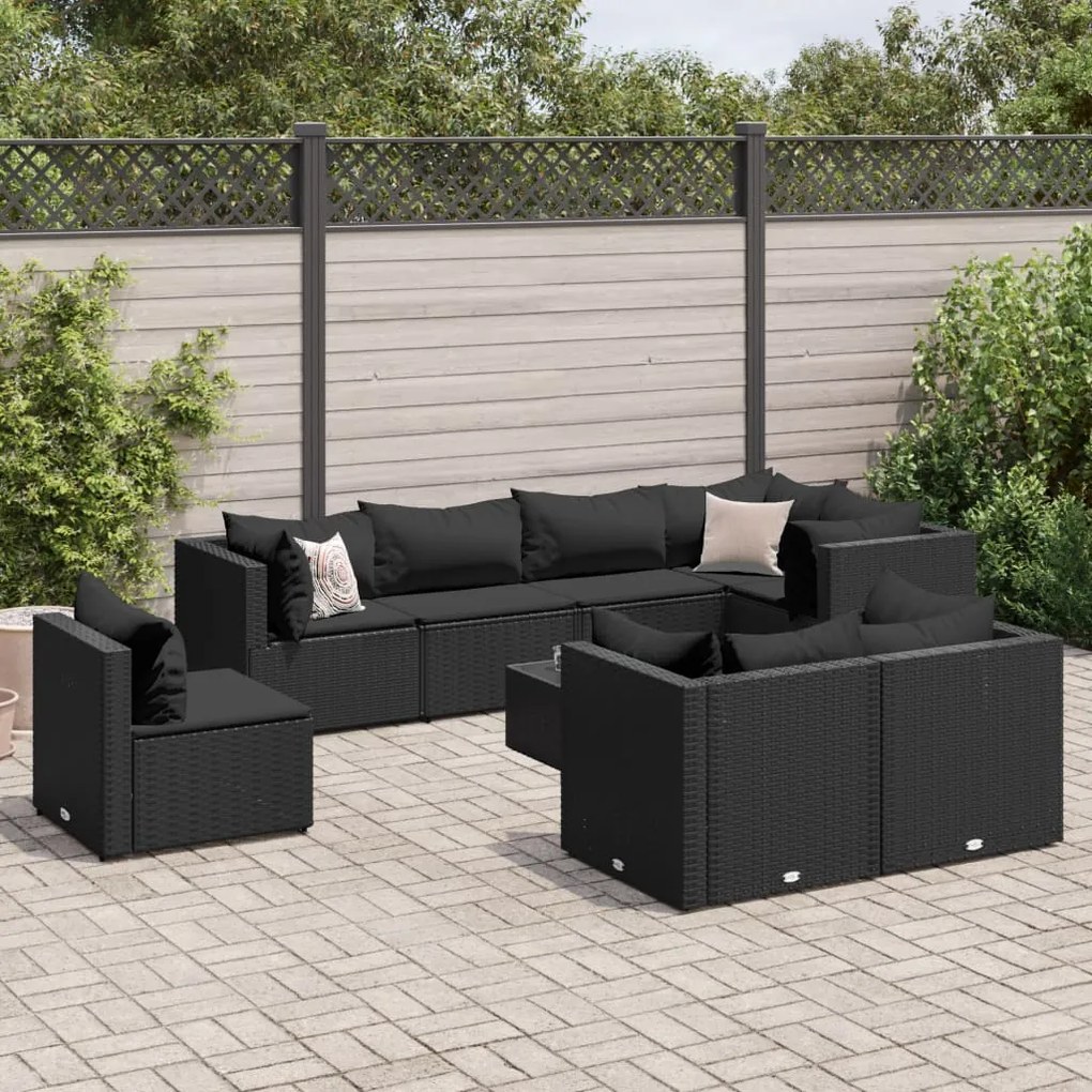 3308203 vidaXL Set mobilier de grădină cu perne, 9 piese, negru, poliratan