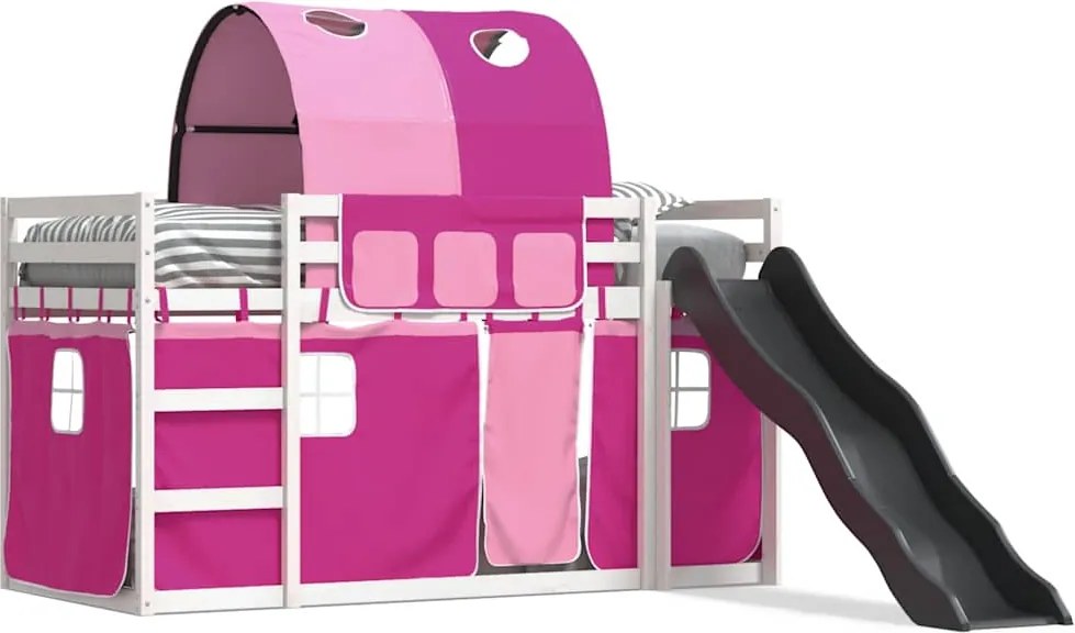 vidaXL Pat supraetajat cu tobogan și perdele, roz, 90x200 cm