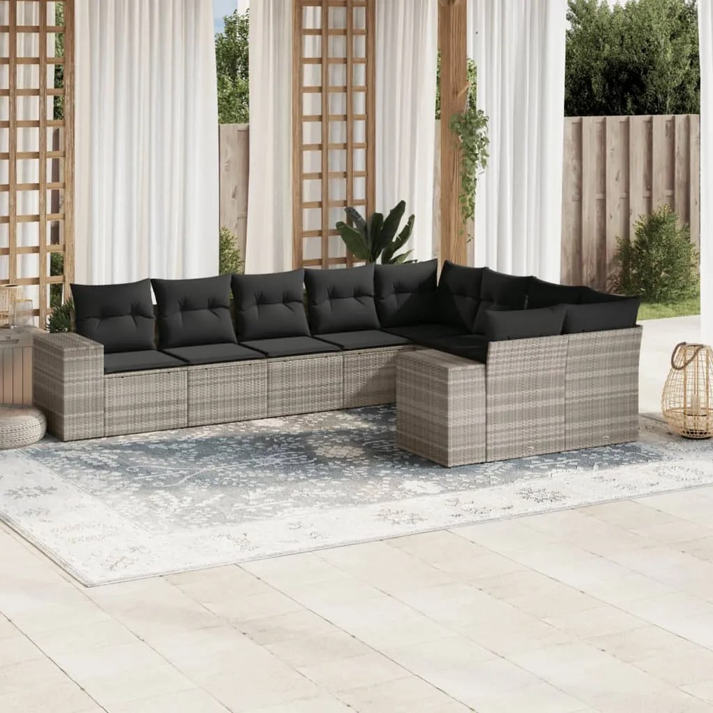 vidaXL Set canapele de grădină cu perne, 9 piese gri deschis poliratan