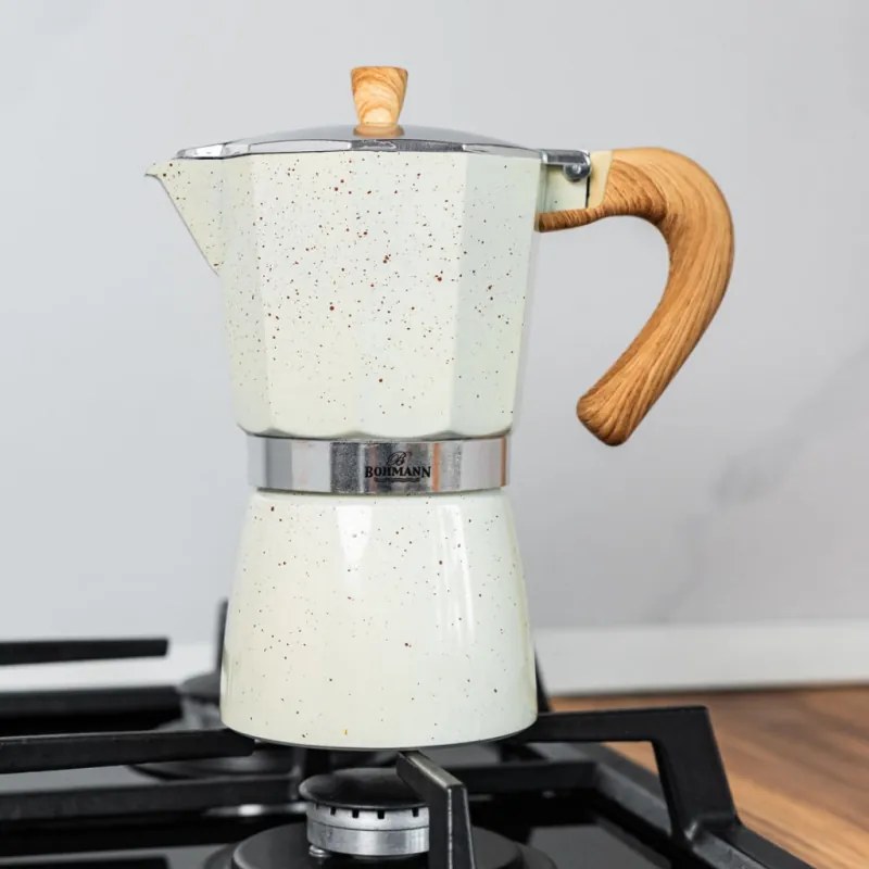 Cafetiera moka Bohmann BH 9309, 450 ml, 9 cesti, Supapa de siguranta, Aluminiu, Bej