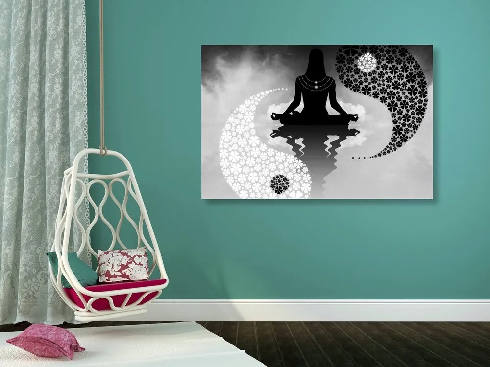 Tablou yin și yang yoga în design alb-negru