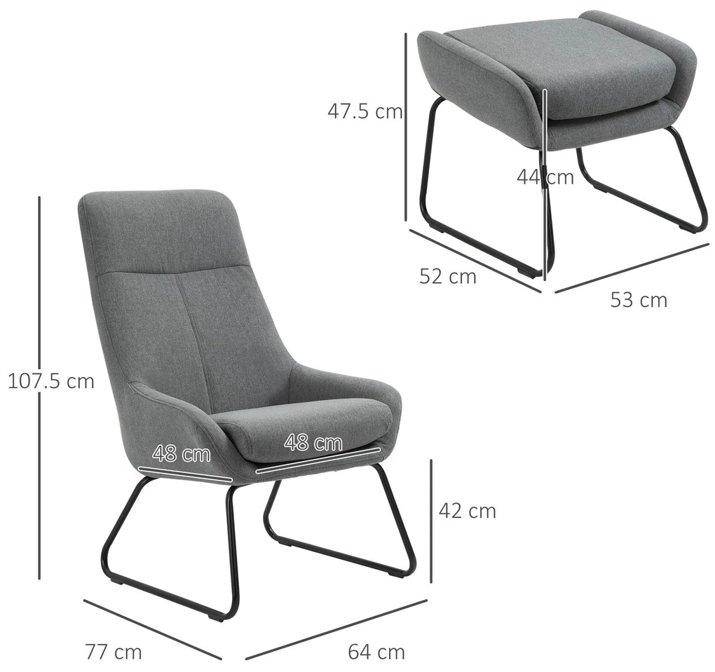 HOMCOM Set Fotoliu cu Pouf pentru picioare, Capitonate, Mobilier Casa si Birou, din Metal si Tesatura, Gri