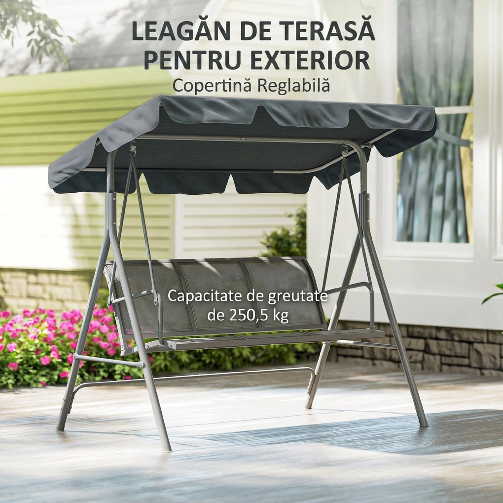 Outsunny Leagăn de grădină 3 locuri cu acoperiș parasolar reglabil și detașabil, șezut respirabil din poliester, capacitate 240 kg, 171x108x154 cm, gri închis | Aosom Romania