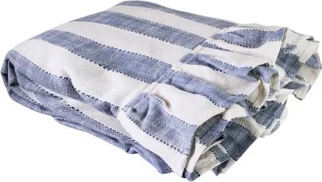 Față de masă din bumbac organic, albastru și alb, model în dungi cu volănaș decorativ, 150 × 250 cm, „Ida Stripe"