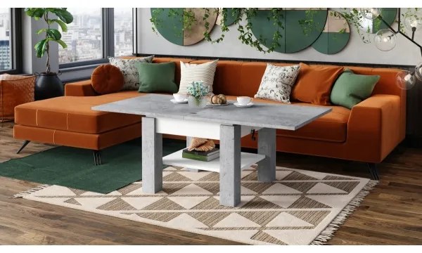 Masă extensibilă CALEB pentru living și dining cu blat cu mecanism de ridicare, gri beton/alb